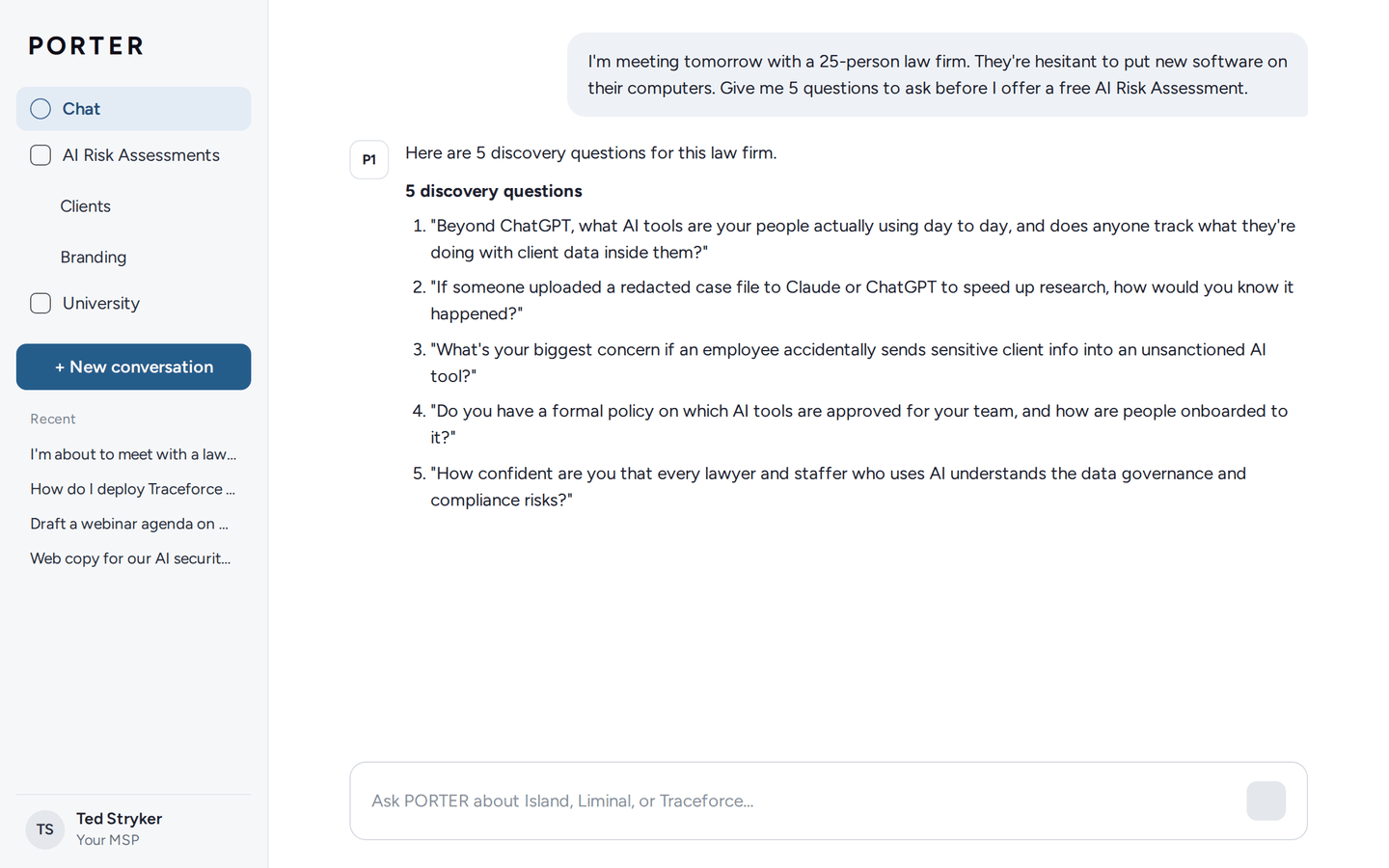 PORTER Chat answering an MSP's request to prepare for a meeting with a law firm