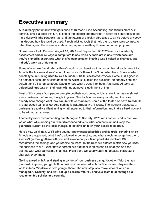 Sample report page: executive summary written as a letter