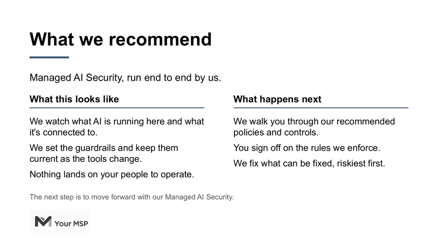 Sample readout slide: What we recommend, with the MSP's managed AI security service